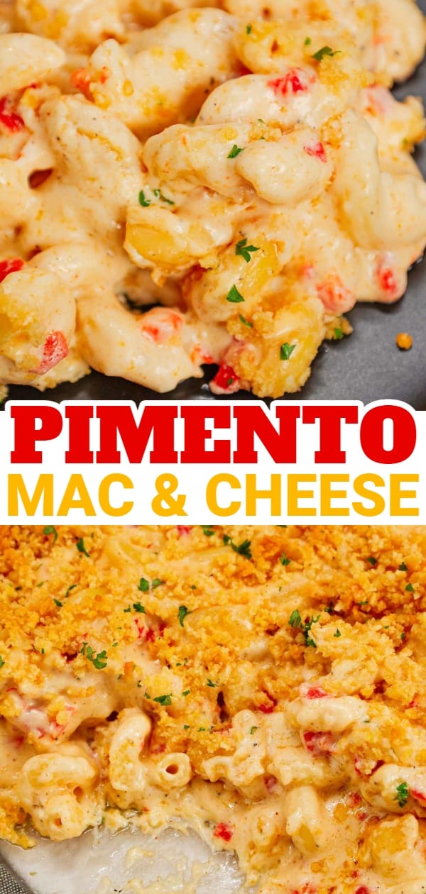 Pimento Mac and Cheese is a delicious creamy pasta recipe loaded with white cheddar, cream cheese and diced pimentos and baked with a buttery Ritz cracker topping.