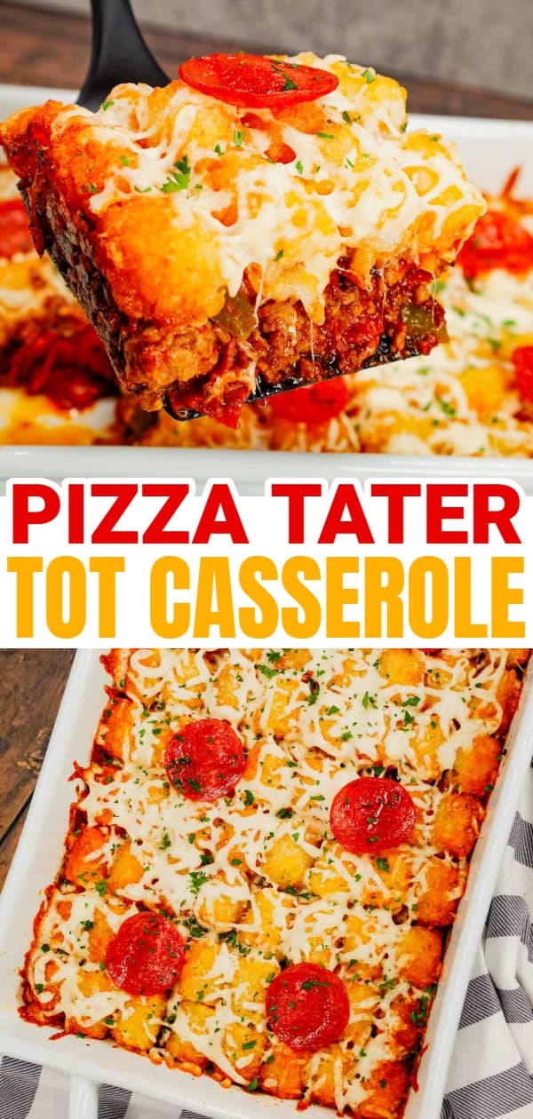 Pizza Tater Tot Casserole is a hearty casserole loaded with ground beef, Italian sausage, pepperoni, green peppers, onions, pizza sauce, mozzarella cheese and crispy tater tots.