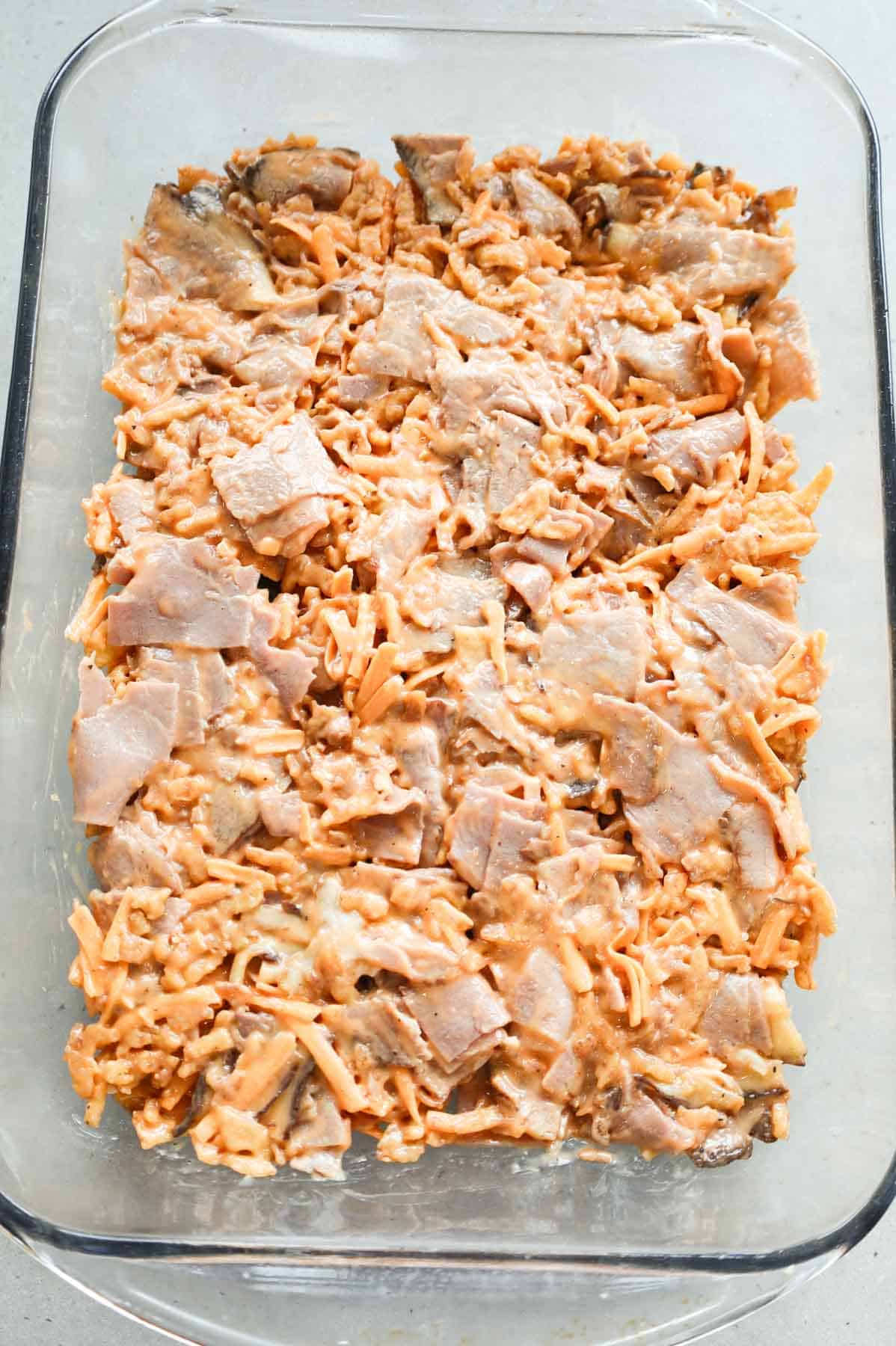 roast beef and cheddar mixture in a casserole dish