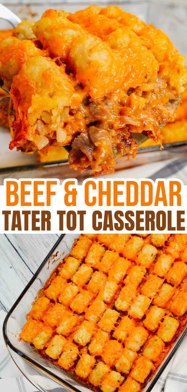 Roast Beef and Cheddar Tater Tot Casserole is a hearty dish loaded with deli roast beef, shredded cheddar cheese, cheddar soup, French's crispy fried onions and tater tots.