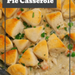 Chicken Pot Pie Casserole is a hearty casserole loaded with shredded rotisserie chicken, frozen mixed vegetables, cream of mushroom soup, cream of chicken soup, milk, grated parmesan cheese and chopped Pillsbury biscuits. Easy chicken dinner recipe / Family friendly dinner recipe / recipe using rotisserie chicken / recipe using refrigerated biscuits