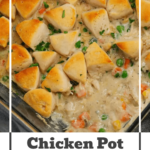 Chicken Pot Pie Casserole is a hearty casserole loaded with shredded rotisserie chicken, frozen mixed vegetables, cream of mushroom soup, cream of chicken soup, milk, grated parmesan cheese and chopped Pillsbury biscuits. Easy chicken dinner recipe / Family friendly dinner recipe / recipe using rotisserie chicken / recipe using refrigerated biscuits