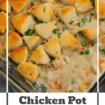 Chicken Pot Pie Casserole is a hearty casserole loaded with shredded rotisserie chicken, frozen mixed vegetables, cream of mushroom soup, cream of chicken soup, milk, grated parmesan cheese and chopped Pillsbury biscuits. Easy chicken dinner recipe / Family friendly dinner recipe / recipe using rotisserie chicken / recipe using refrigerated biscuits