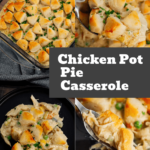 Chicken Pot Pie Casserole is a hearty casserole loaded with shredded rotisserie chicken, frozen mixed vegetables, cream of mushroom soup, cream of chicken soup, milk, grated parmesan cheese and chopped Pillsbury biscuits. Easy chicken dinner recipe / Family friendly dinner recipe / recipe using rotisserie chicken / recipe using refrigerated biscuits