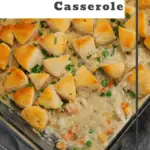 Chicken Pot Pie Casserole is a hearty casserole loaded with shredded rotisserie chicken, frozen mixed vegetables, cream of mushroom soup, cream of chicken soup, milk, grated parmesan cheese and chopped Pillsbury biscuits. Easy chicken dinner recipe / Family friendly dinner recipe / recipe using rotisserie chicken / recipe using refrigerated biscuits