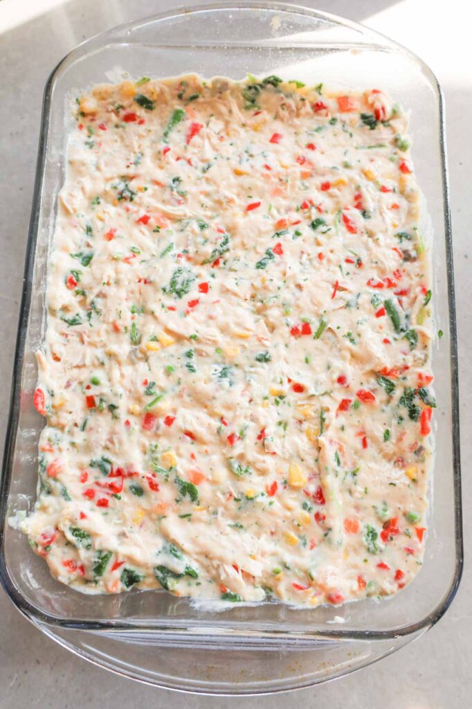 creamy chicken and vegetable mixture in a baking dish
