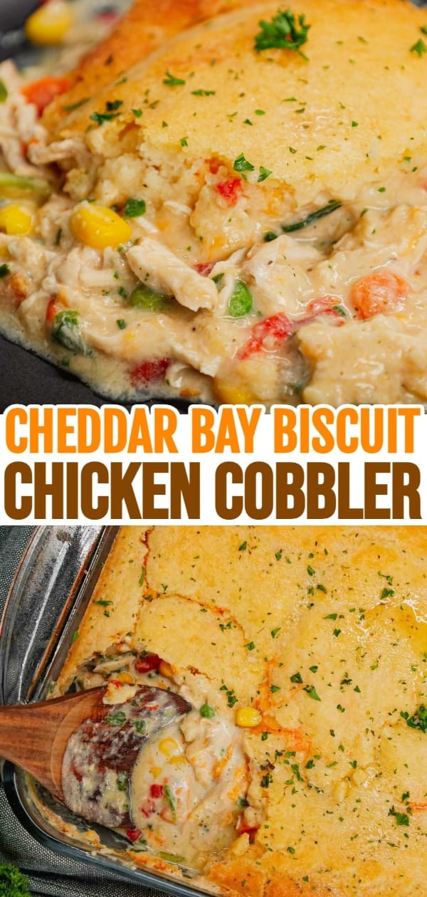 Chicken Cobbler is a hearty dish loaded with shredded rotisserie chicken and veggies all tossed in a mixture of cream of chicken and cream of mushroom soup and topped with Red Lobster Cheddar Bay biscuit mix.