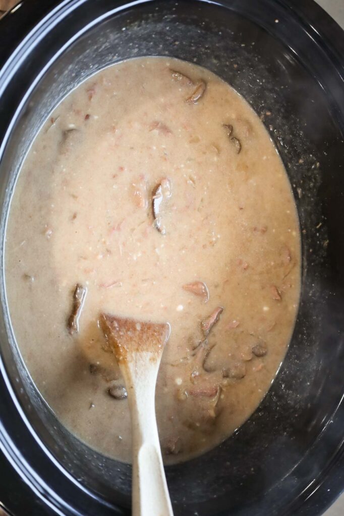 stirring cream of mushroom soup into beef stroganoff mixture in a slow cooker