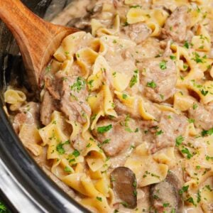 Crock Pot Beef Stroganoff is a hearty slow cooker dinner recipe loaded with tender chunks of stewing beef, sliced mushrooms, onions and egg noodles all in a delicious beef broth and cream of mushroom sauce.