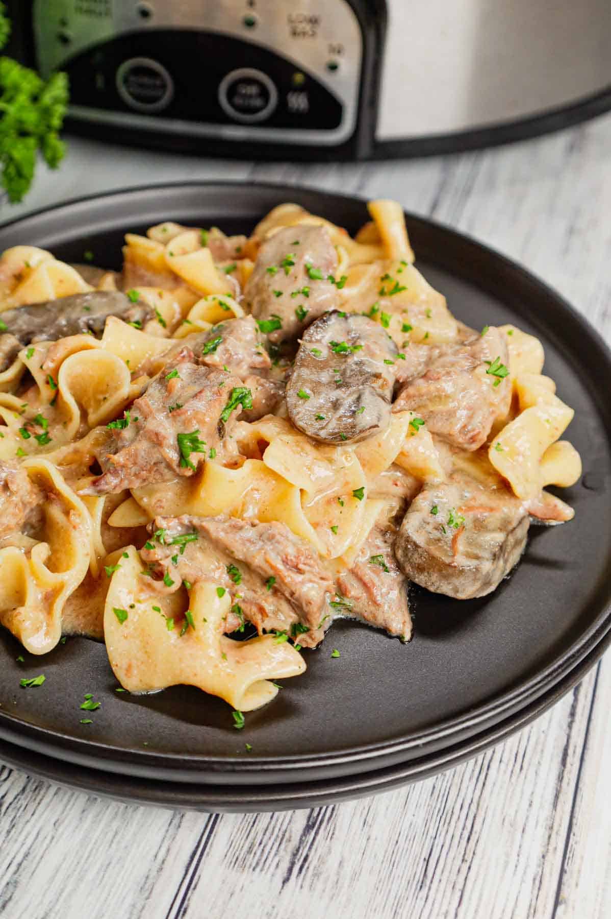 Crock Pot Beef Stroganoff is a hearty slow cooker dinner recipe loaded with tender chunks of stewing beef, sliced mushrooms, onions and egg noodles all in a delicious beef broth and cream of mushroom sauce.