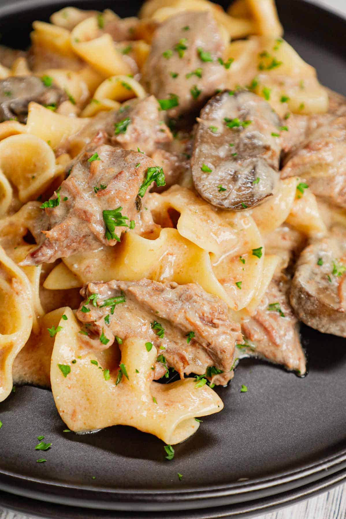 Crock Pot Beef Stroganoff is a hearty slow cooker dinner recipe loaded with tender chunks of stewing beef, sliced mushrooms, onions and egg noodles all in a delicious beef broth and cream of mushroom sauce.