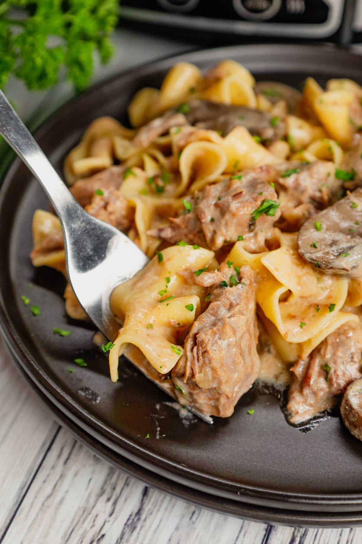 Crock Pot Beef Stroganoff is a hearty slow cooker dinner recipe loaded with tender chunks of stewing beef, sliced mushrooms, onions and egg noodles all in a delicious beef broth and cream of mushroom sauce.