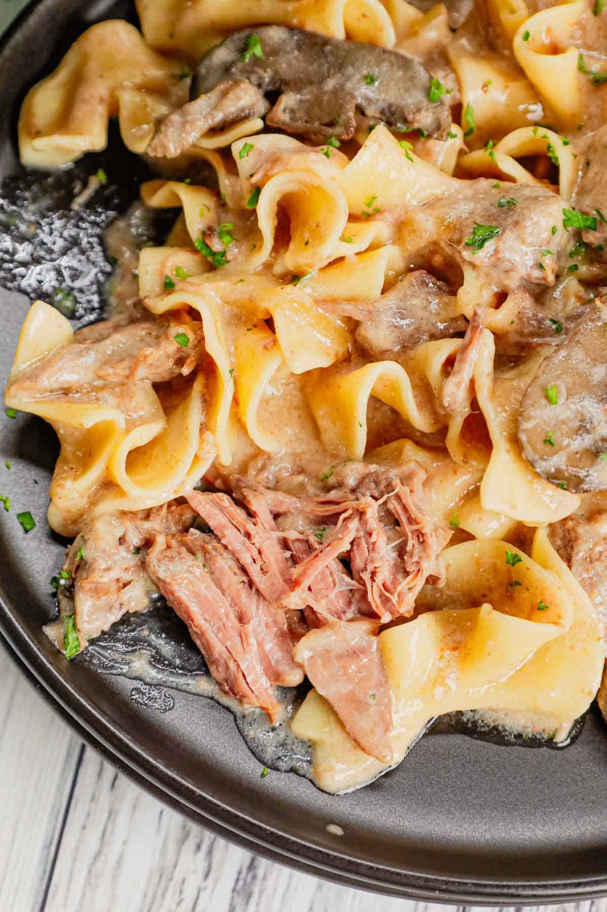 Crock Pot Beef Stroganoff is a hearty slow cooker dinner recipe loaded with tender chunks of stewing beef, sliced mushrooms, onions and egg noodles all in a delicious beef broth and cream of mushroom sauce.