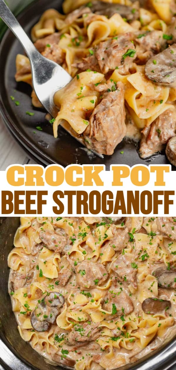 Crock Pot Beef Stroganoff is a hearty slow cooker dinner recipe loaded with tender chunks of stewing beef, sliced mushrooms, onions and egg noodles all in a delicious beef broth and cream of mushroom sauce.