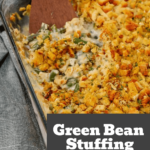 Green Bean Stuffing Casserole is a tasty side dish recipe made with frozen cut green beans, cream of mushroom soup, sour cream, French's crispy fried onions, shredded cheddar cheese, chicken broth and topped with stove top stuffing mix. Thanksgiving side dish / Christmas side dish / Easter side dish / potluck side dish / easy side dish