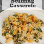 Green Bean Stuffing Casserole is a tasty side dish recipe made with frozen cut green beans, cream of mushroom soup, sour cream, French's crispy fried onions, shredded cheddar cheese, chicken broth and topped with stove top stuffing mix. Thanksgiving side dish / Christmas side dish / Easter side dish / potluck side dish / easy side dish