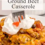 Mexican Ground Beef Casserole is a hearty dish loaded with ground beef, diced tomatoes, black beans, corn, cheddar cheese and corn tortillas. Easy ground beef dinner recipe / family friendly dinner recipe / tex mex dinner / weeknight dinner / hamburger casserole