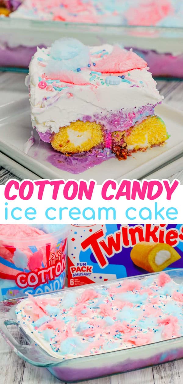 Cotton Candy Ice Cream Cake is an easy summer dessert recipe made with Twinkies, cotton candy ice cream, Cool Whip, cotton candy and sprinkles.