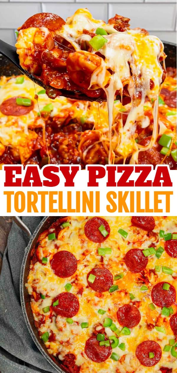Pizza Tortellini is a hearty pasta dish loaded with Italian sausage meat, cheese tortellini, diced onions, green peppers, pepperoni, pizza sauce, pasta sauce and mozzarella cheese.