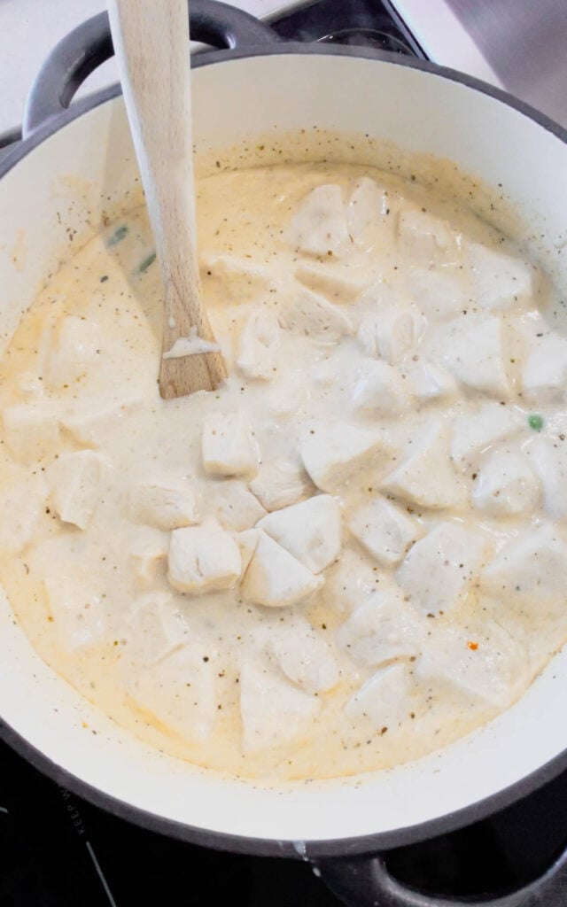 biscuit dough pieces added to cream soup mixture