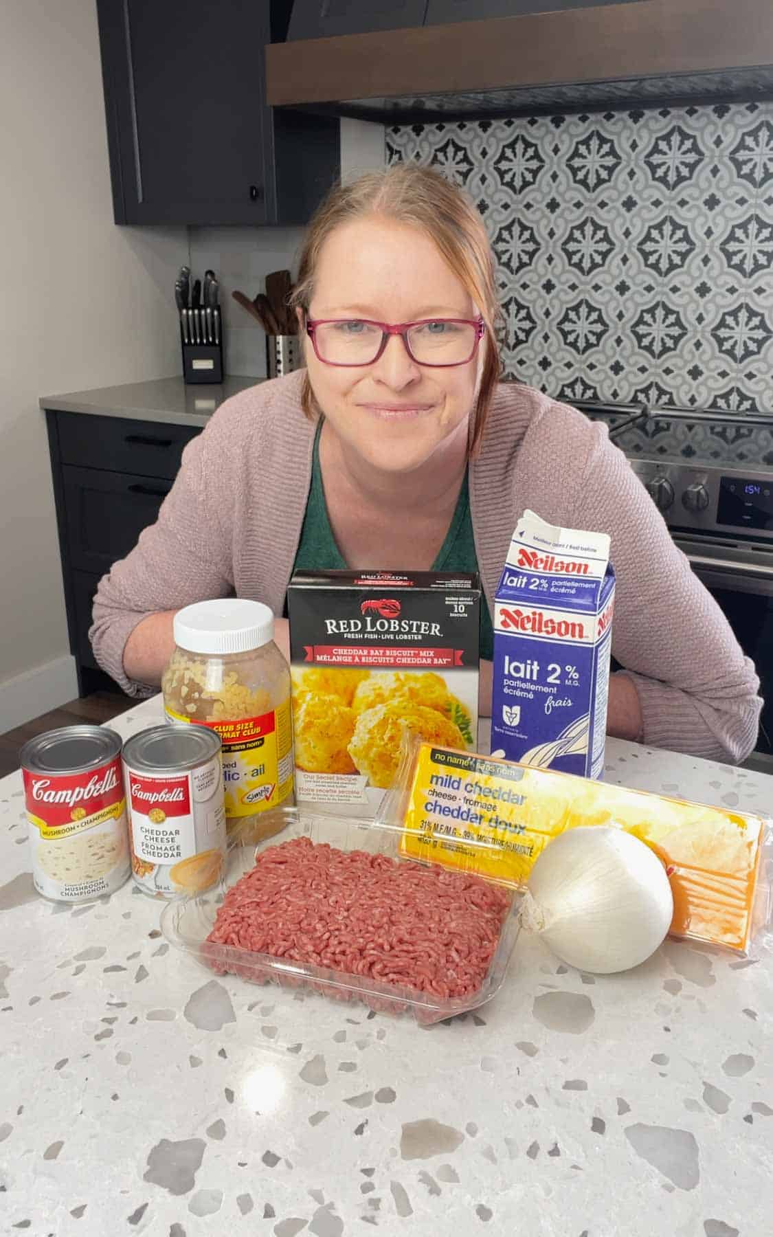 ground beef cobbler ingredients on the kitchen counter