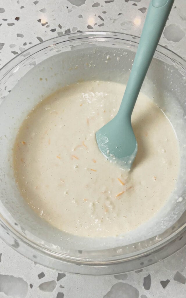 cheddar bay biscuit batter in a mixing bowl