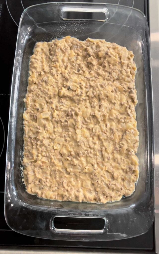 creamy ground beef mixture in a 9 x 13 inch baking dish