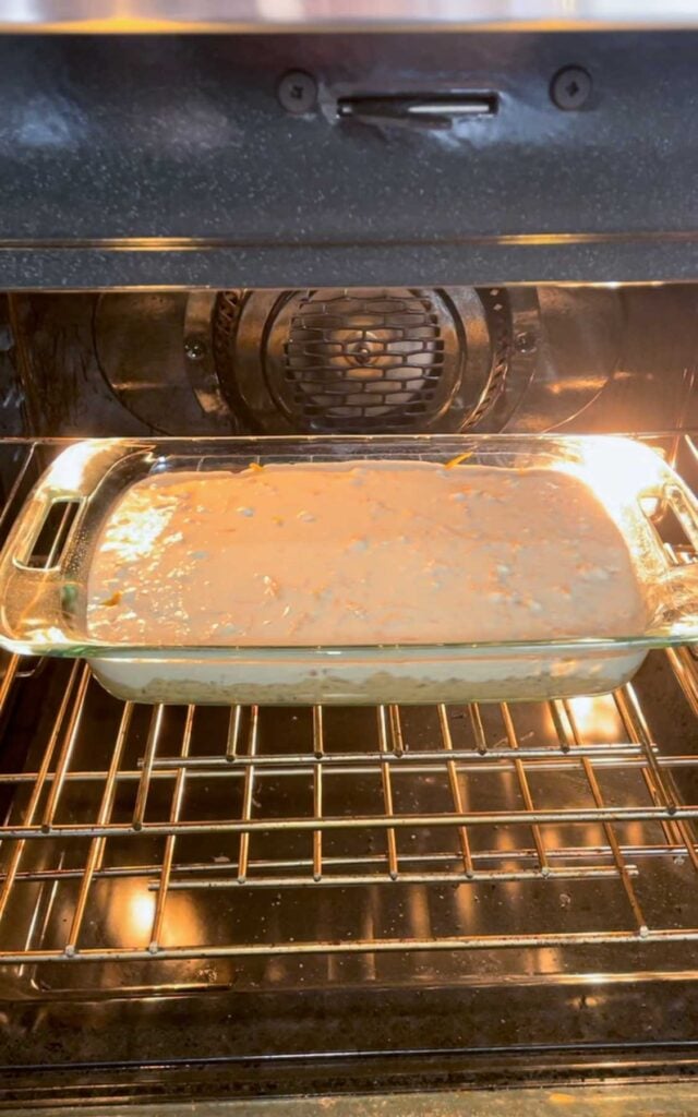 cheddar bay ground beef cobbler in a baking dish in the oven