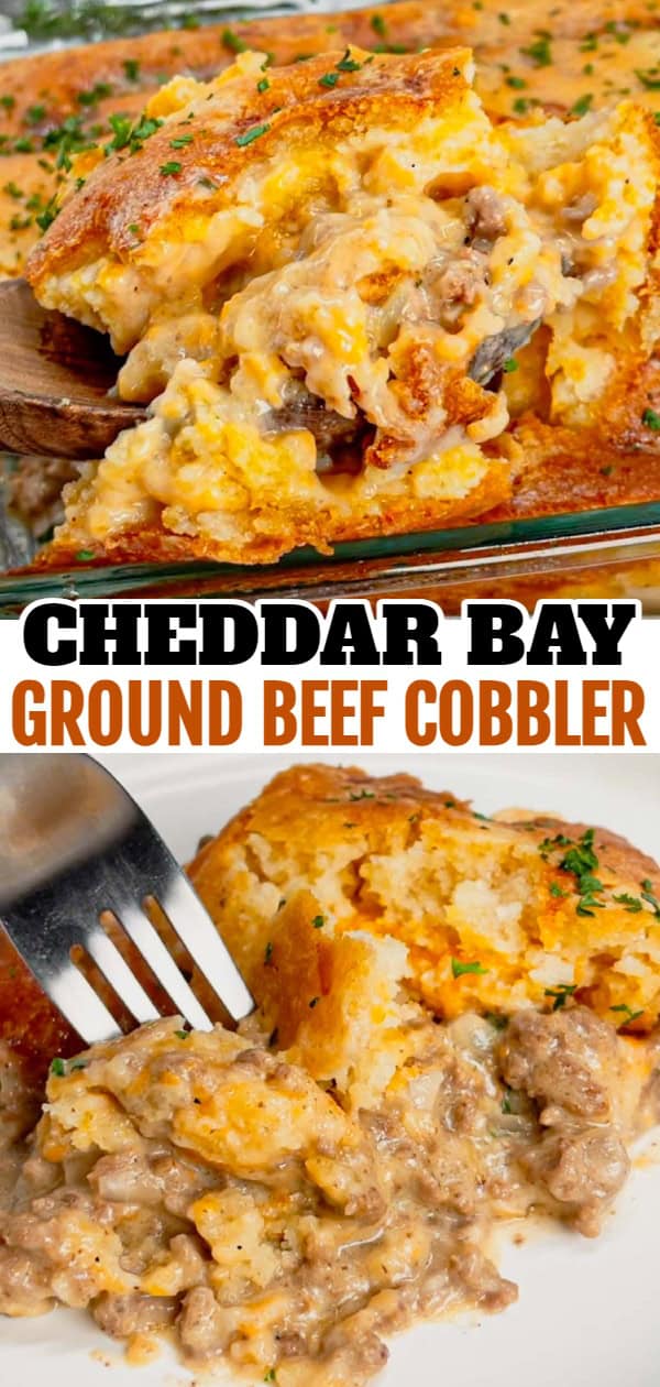 Cheddar Bay Ground Beef Cobbler is a hearty casserole recipe with a creamy and cheesy ground beef base and a Red Lobster Cheddar Bay Biscuit topping.