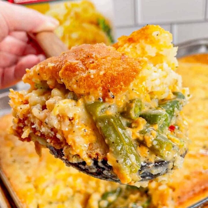 Take your holiday side dish game to the next level with this Cheddar Bay Green Bean Casserole—a creamy, cheesy twist with an irresistible biscuit topping that'll have everyone coming back for seconds! This hearty green bean casserole is loaded with cheddar soup, shredded parmesan and shredded cheddar cheese all covered with a layer Red Lobster Cheddar Bay Biscuits.