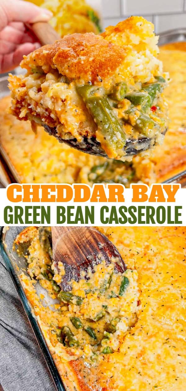 Take your holiday side dish game to the next level with this Cheddar Bay Green Bean Casserole—a creamy, cheesy twist with an irresistible biscuit topping that'll have everyone coming back for seconds! This hearty green bean casserole is loaded with cheddar soup, shredded parmesan and shredded cheddar cheese all covered with a layer Red Lobster Cheddar Bay Biscuits.