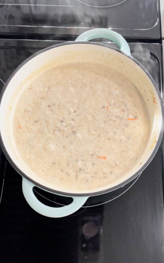 simmering cheeseburger macaroni soup on the stove