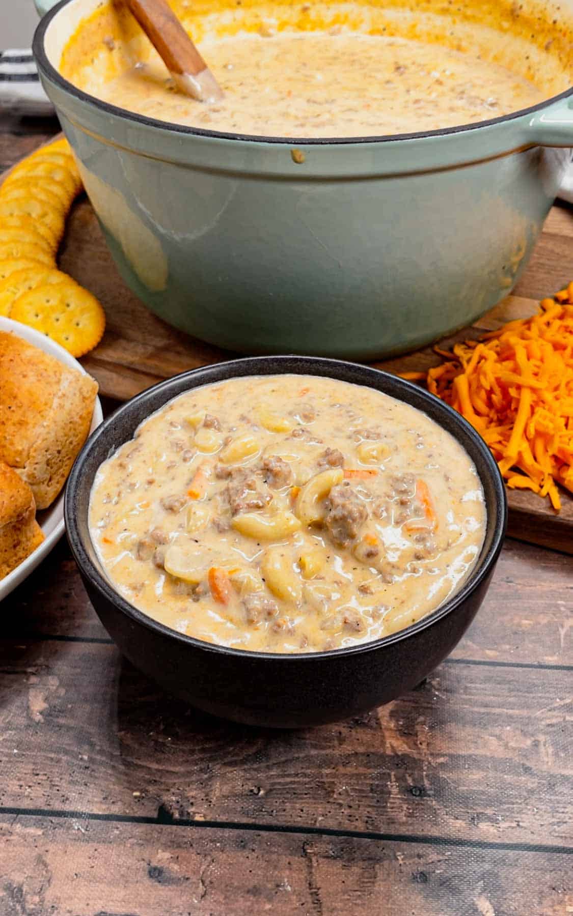 If you love the flavors of a classic cheeseburger, this creamy, cheesy Cheeseburger Macaroni Soup will become your new favorite comfort food—ready in just one pot and guaranteed to satisfy every craving! This hearty soup is loaded with ground beef, matchstick carrots, macaroni noodles, cheddar cheese, parmesan cheese, chicken broth and heavy cream.