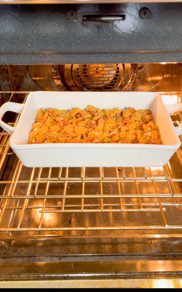 peanut butter pecan cobbler place in the oven to bake