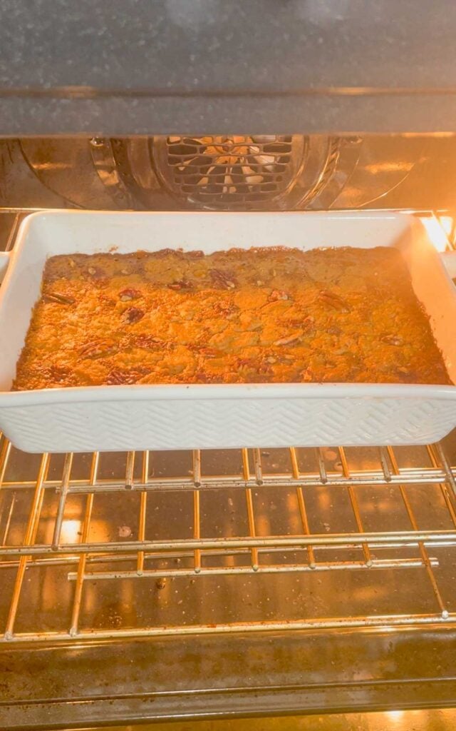 peanut butter pecan pie cobbler after baking in the oven