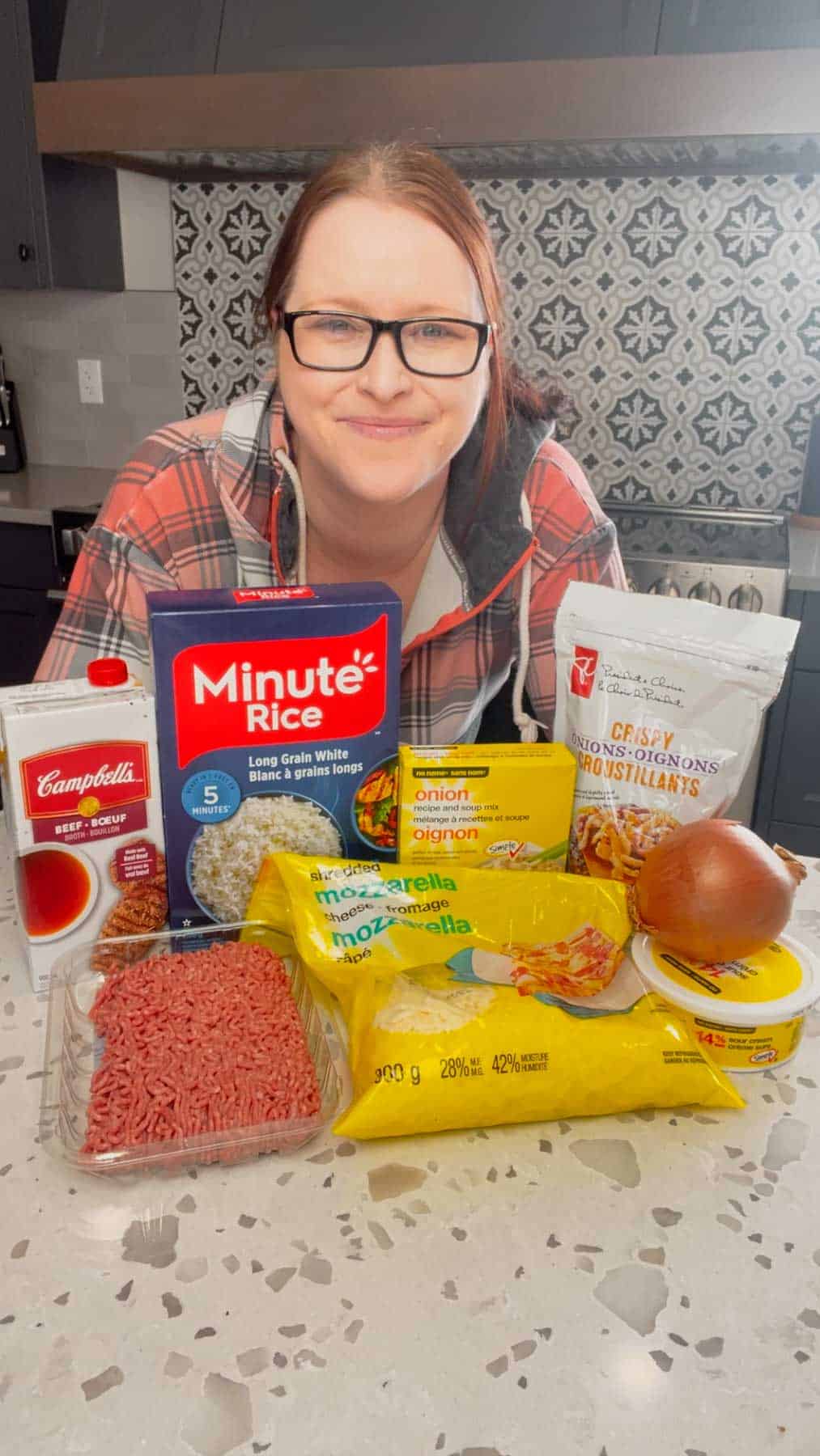french onion ground beef and rice casserole ingredients on a kitchen counter