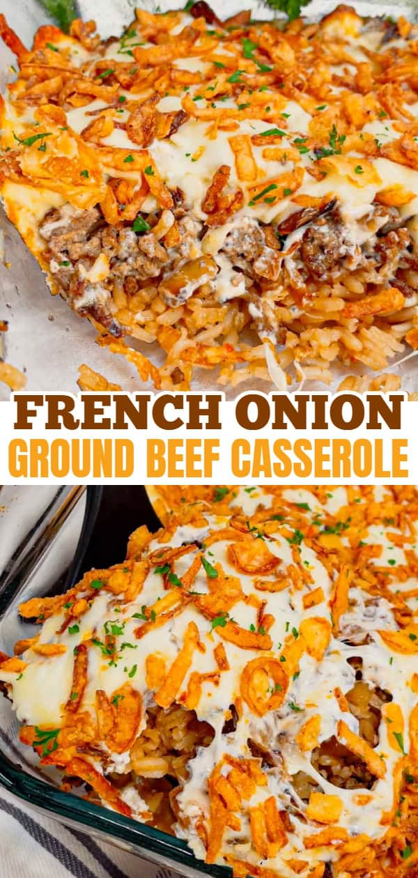 French Onion Ground Beef and Rice Casserole is a hearty dish loaded with instant rice, ground beef, diced onions, onion soup mix, beef broth, sour cream, mozzarella cheese and crispy fried onions.