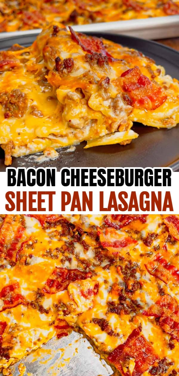 Imagine all the cheesy, meaty, bacon-packed goodness of a classic bacon cheeseburger layered into a rich, bubbly, and ridiculously easy sheet pan lasagna—your new favorite weeknight comfort food! This hearty dish is loaded with ground beef, cheddar sauce, ricotta, cheddar cheese, bacon, lasagna noodles, bacon and cream of bacon soup.
