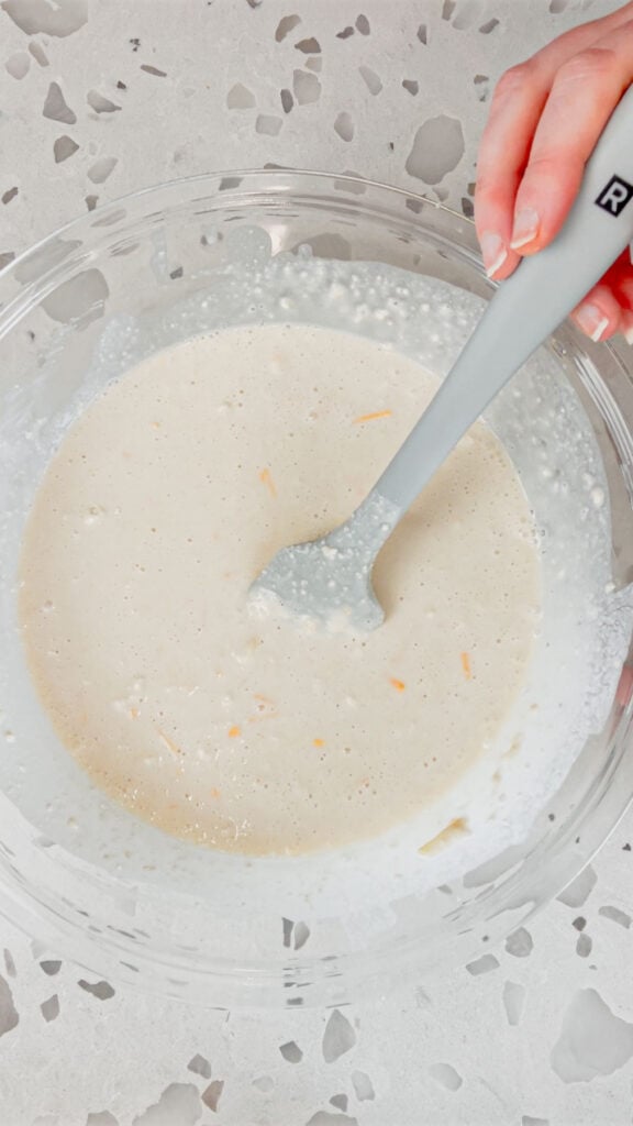 cheddar bay biscuit batter in a mixing bowl