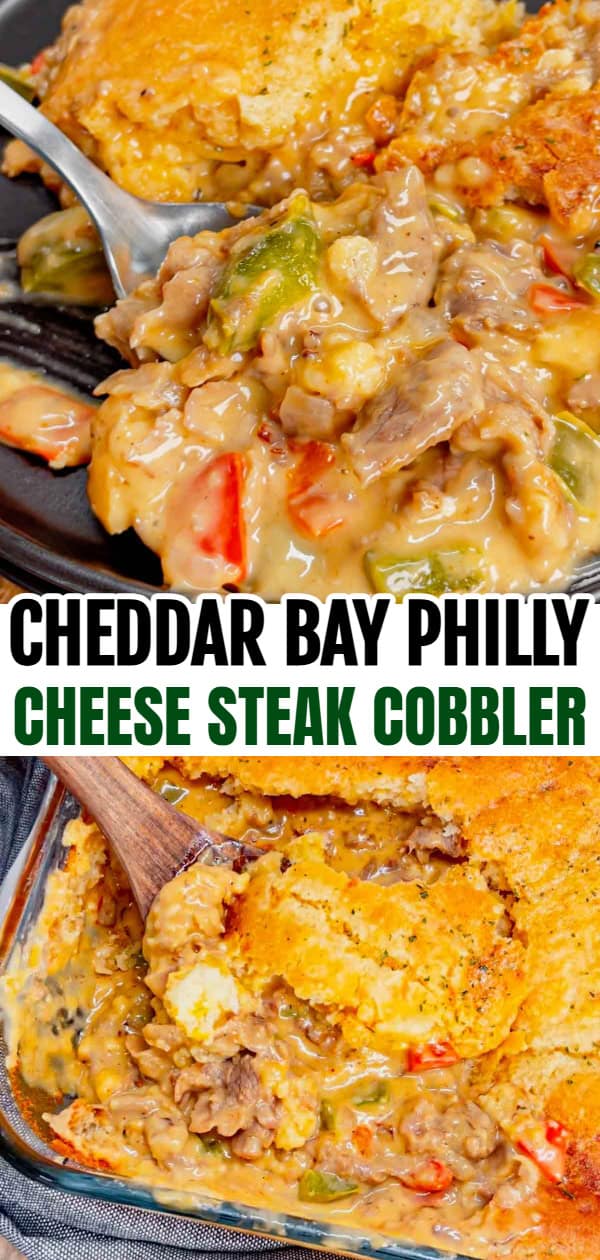 Cheddar Bay Philly Cheese Steak Cobbler is a hearty dish loaded with deli roast beef, red onions, red and green bell peppers, cheddar soup and shredded cheddar cheese all topped with a layer of Red Lobster Cheddar Bay Biscuits. This easy casserole recipe is the perfect family friendly dinner recipe.