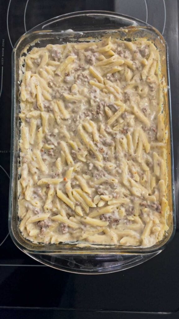 dump and bake ground beef alfredo after baking and stirring