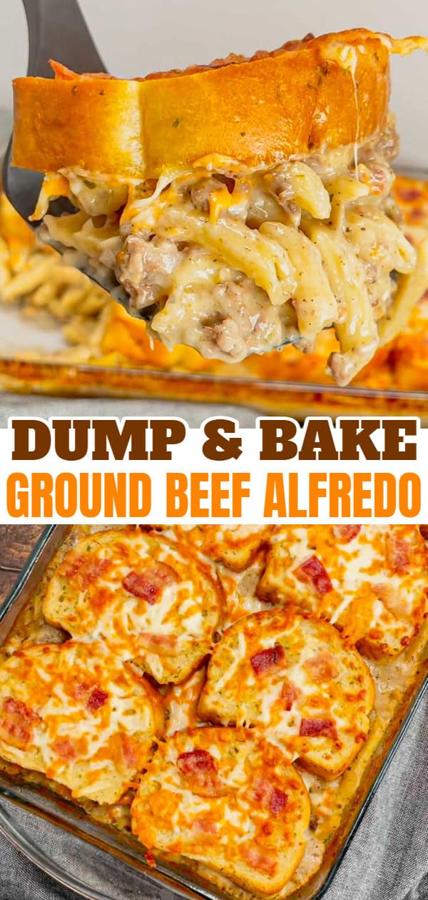 Dump and Bake Ground Beef Alfredo is an easy one pan dinner recipe perfect for weeknights. This creamy pasta recipe is made with store bought alfredo sauce, chicken broth, mini penne noodles, cream of bacon soup, ground beef, mozzarella and cheddar cheese, Texas toast garlic bread and bacon.