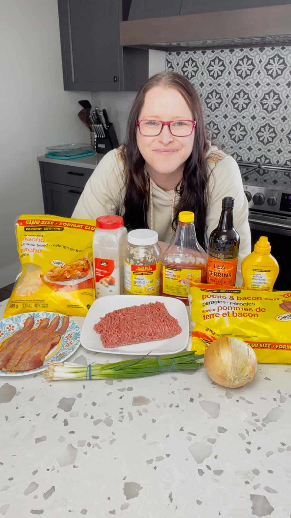 sloppy joe pierogi casserole ingredients on the kitchen counter