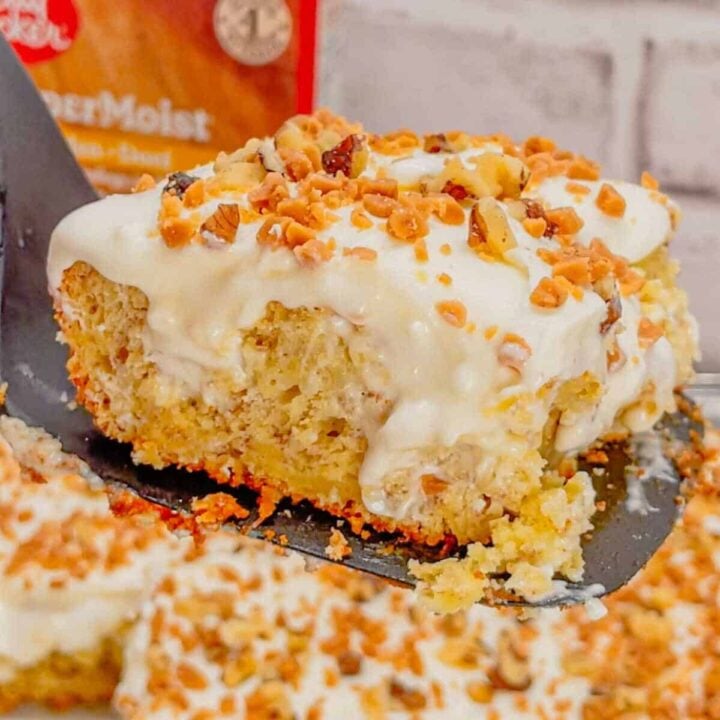 Cream Cheese Banana Bread Poke Cake is a moist and fluffy banana cake with a rich cheesecake filling, topped with cream cheese frosting. This easy but decadent cake recipe is the perfect treat for the banana bread lovers in your life!