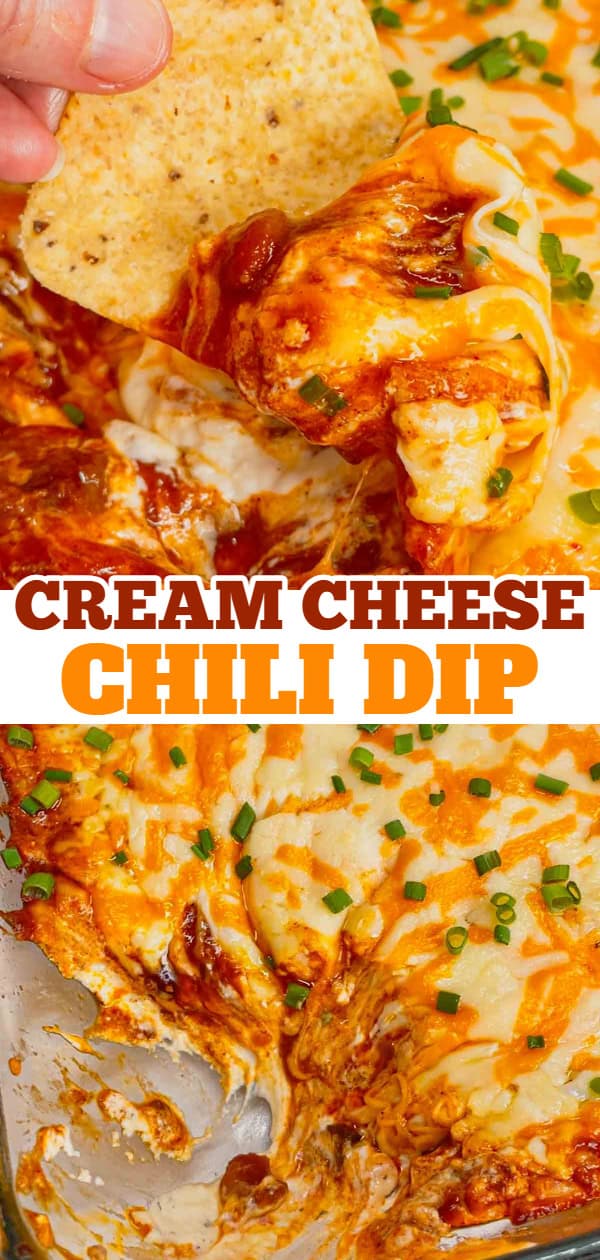 Cream Cheese Chili Dip is a simple and delicious hot party dip recipe perfect for serving with nacho chips, toasted baguette slices and crackers. This quick and easy dip recipe uses sour cream, cream cheese, ranch dressing mix, canned chili, shredded nacho cheese and chopped chives.