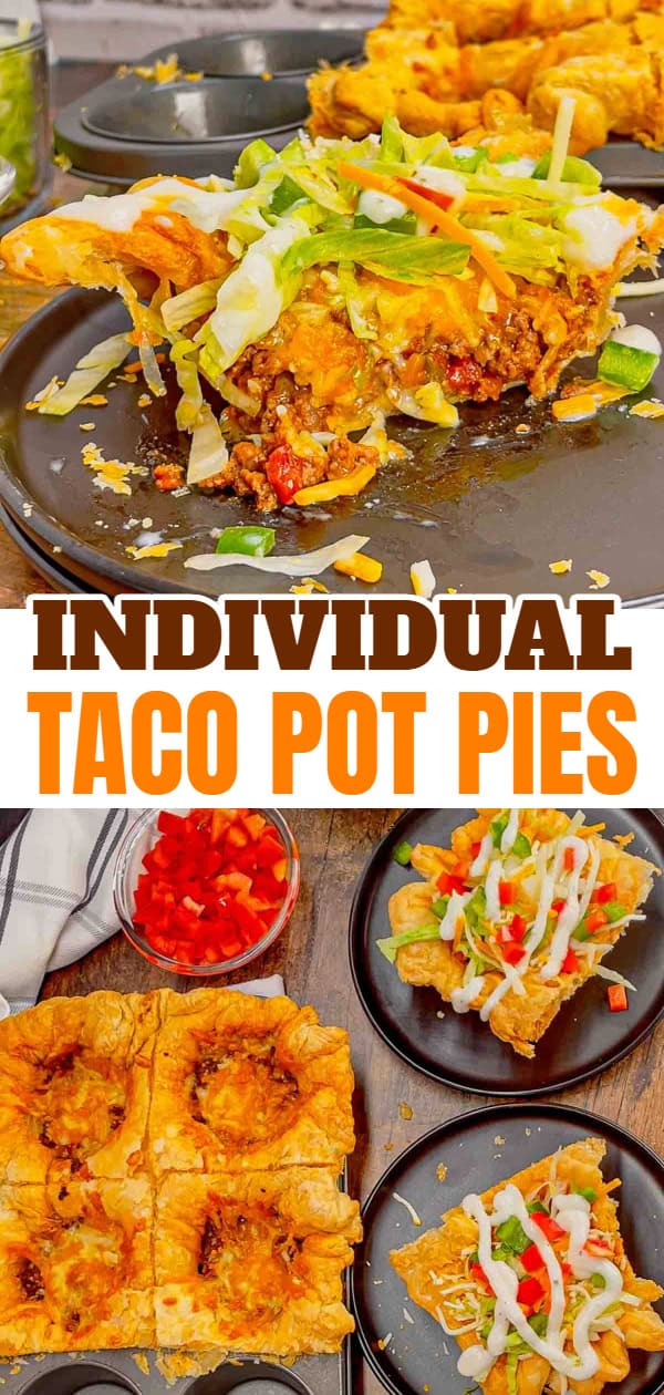 Individual Taco Pot Pies are a fun and hearty ground beef dinner recipe perfect for weeknights. These pot pies are made with store bought puff pastry, filled with a beef taco meat, Rotel and cheese and baked in jumbo muffin tins until perfectly browned and flaky.