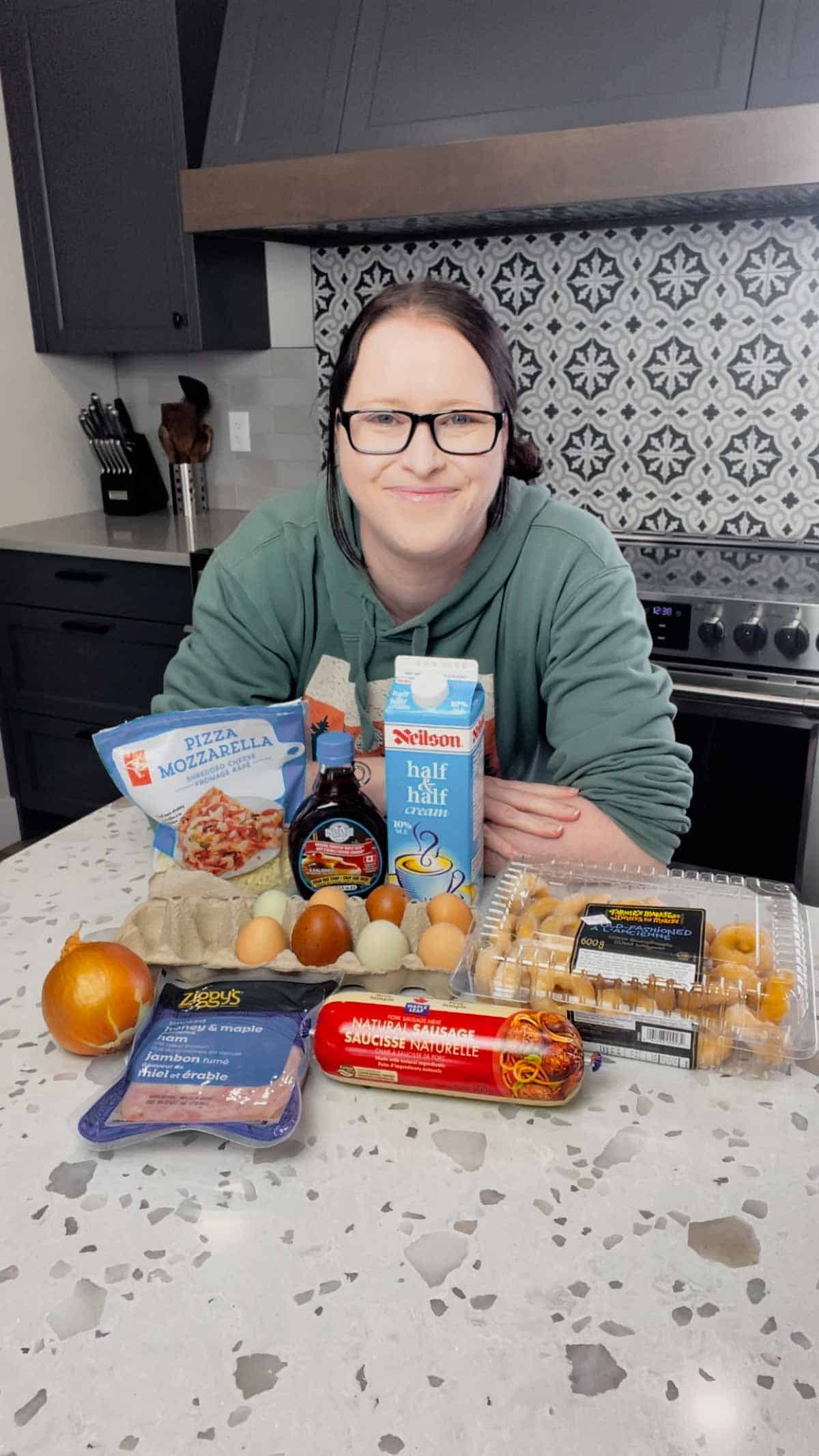 mini donut breakfast casserole ingredients on the kitchen counter