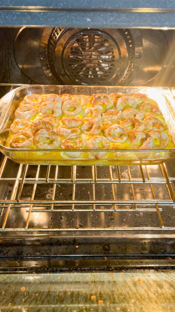 mini donut casserole almost done baking in the oven