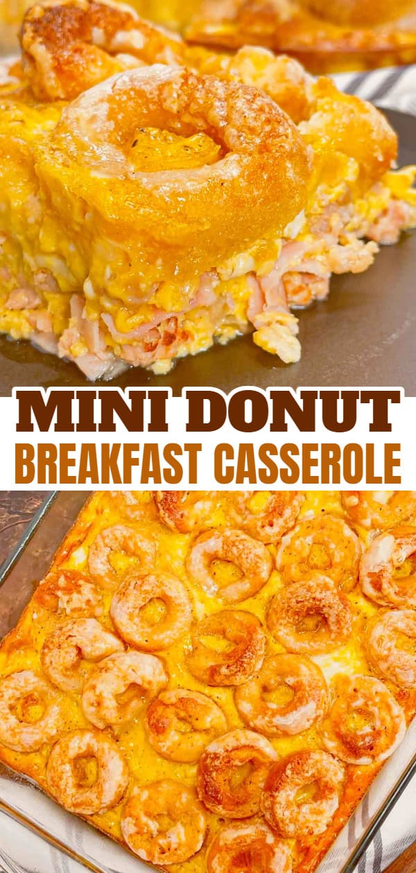Mini Donut Breakfast Casserole is a fun and delicious brunch dish perfect for holidays and special occasions. This dish is loaded with sausage, ham, eggs, mozzarella cheese, store bought mini donuts and maple syrup.
