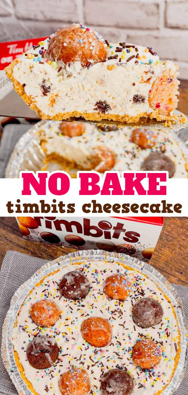 No Bake Timbit Cheesecake is a rich and creamy dessert recipe loaded with tasty donut holes. This cheesecake is made with a store bought graham pie crust and the cream cheese filling is loaded Tim Horton's chocolate and birthday cake flavoured Timbits.